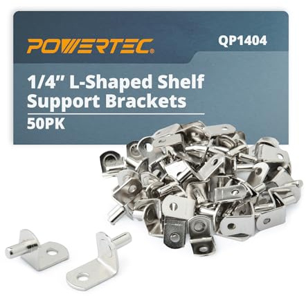 POWERTEC QP1404 1/4 Inch Shelf Pegs 50 pcs, L-Shaped Bracket with Hole Shelf Pins Support Pegs for Shelves, Kitchen Cabinet Shelf, Bookshelf, Closet and Furniture, Nickel Plated Shelf Holders Pegs