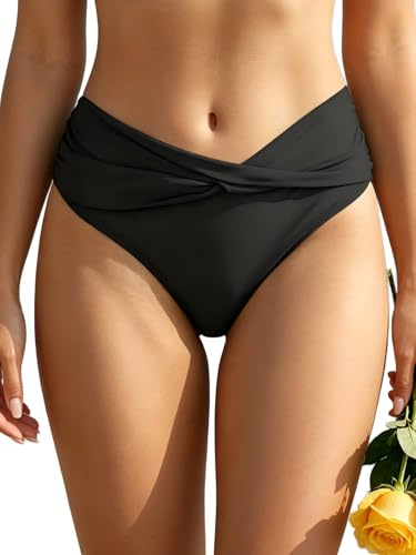 SHEKINI Fondo Bikini per Donna Triangolo Classico Ruched Bikini Nuoto Tronchi Culotte Slip Costumi da Bagno Pantaloncini da Spiaggia (XL, Nero)