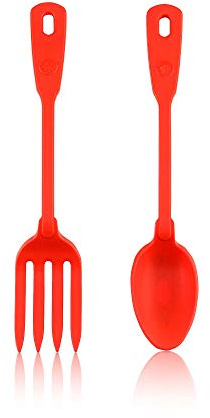 Kochblume Servier Set, 2-teilig, Löffel und Gabel | Premium Premium-Silikon & BPA freimit Edelstahlkern (rot)