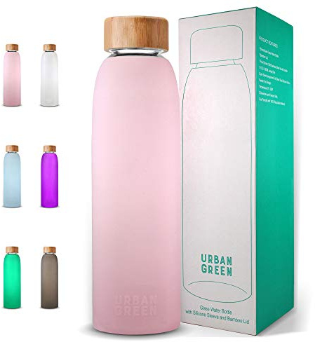 Urban Green Glass Water Bottle with Protective Silicone Sleeve and Bamboo Lid, 18oz, 1extra 304 Stainless Steel Lid with Handle, BPA Free, Dishwasher Safe, Valentine Gift
