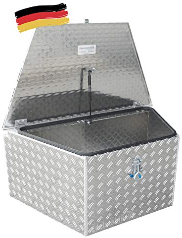 ADE Premium Trapez Deichselbox 900x(500) x500x400mm aus Alu Riffelblech inkl. Gasdruckdämpfer, Staubox, Werkzeugkiste, Gurtkiste, Anhängerbox, Edelstahlhaus GmbH, Made in Germany
