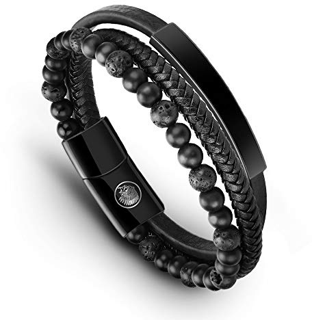 Casisto.J Lederarmband Herren Armband Männer Leder Edelstahl mit Gravur Schwarz Braun Geflochten Ärmbander mit Magnet Verschluss