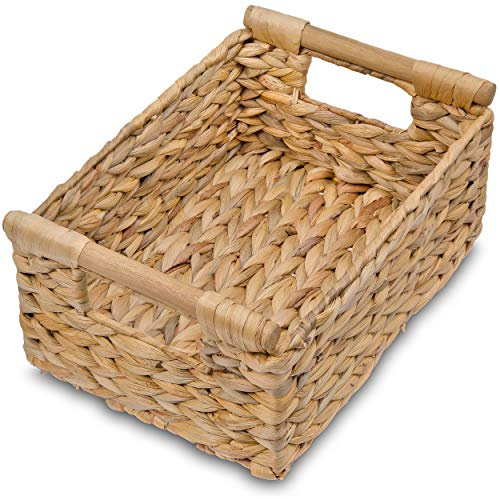VATIMA Hyacinth Small Wicker Basket 11.6x8.1x4.9 - Bathroom Organizer, Wooden Handle, Decorative Storage