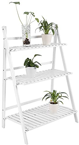 AYNEFY Escalera de flores, soporte para flores, balcón, escalera para plantas, de bambú, 3 niveles, estantería para plantas, para exteriores y exteriores, para balcón, salón, 70 x 40 x 96 cm (blanco)