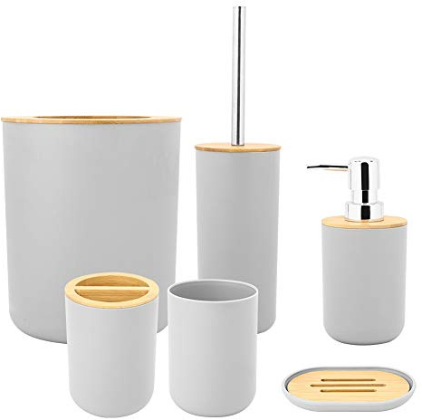 Wakects Juego de Baño de Bambú, 6 Piezas, Incluye Caja de Jabón, Soporte para Cepillos de Dientes, Cubo de Cosméticos, Vaso, Botella de Loción, Cepillo de Inodoro, Gris
