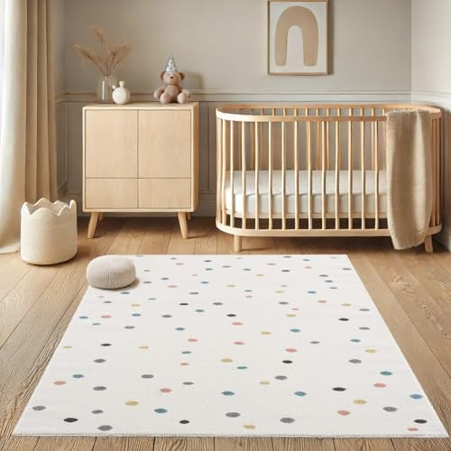 payé Teppich Kinderzimmer - Cream - 140x200cm - Spielteppich Bunte Punkte Kurzflor Kinderteppich - Oeko-Tex Standard 100