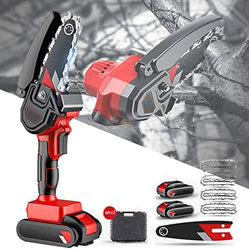 APOE Mini Motosierra, Mini Motosierra Bateria, Motosierra Eléctrica de 5 Pulgadas y 24V Portátil Inalámbrico, Sierra de Cadena, Tijeras de Podar para Corte de Madera(con 2 Bateria)