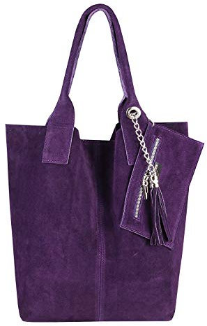Made IN Italy Damen XXL Leder Tasche Wildleder Shopper Schultertasche + Schmucktasche (Lila)