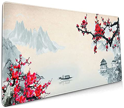 Sakura Tapis de souris de jeu aquarelle motif fleur de cerisier 80 x 39 cm avec bords cousus et étanche Base en caoutchouc antidérapant Grand tapis de souris pour le travail/bureau/maison