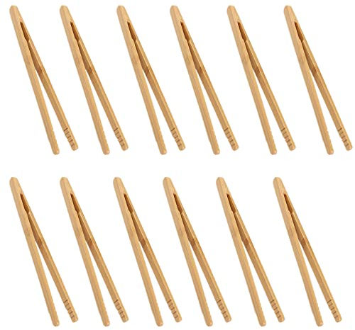 Brateuanoii 12 Pièce Pince de Cuisson en Bambou, Pince à Toast en Bambou, Pinces à Salade Bamboo, Pince à Toasts, Pinces à Pain de Bois, pour Salade, Cuisson, Coffre Fort et Non Toxique, Réutilisable