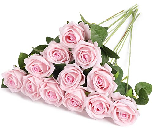 anaoo 12 STK Künstliche Rosen Blumen Realistische Seidenblumen Rosen Bulk Brautstrauss Blumenstrauß Dekoration Hochzeitsstrauß Party Hausgarten Büro Mittelstücke Dekor Blumenarrangement, Rosa