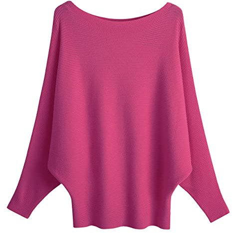 GABERLY Boat Neck Batwing Sleeves Dolman Knitted Sweaters and Pullovers Tops for Women (Rose, One Size)