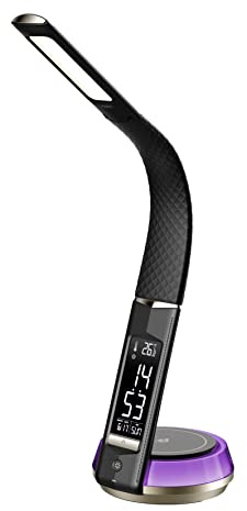 Northpoint LED Schreibtischlampe Tischlampe Leder Optik drahtlose QI-Ladestation Wecker Dimmbar Warmweiß Kaltweiß Mood Beleuchtung Uhr Temperaturanzeige Schwarz