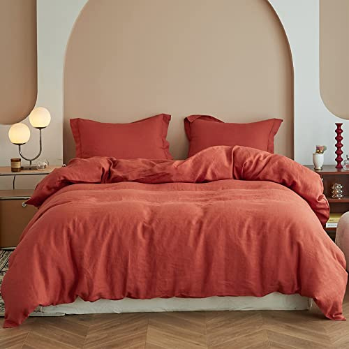 Simple&Opulence 100% Linen Duvet Cover Set 3pcs Basic Style Natural French Washed Flax Solid Color Soft Breathable Farmhouse Bedding with Button Closure - Brick Red, Queen
