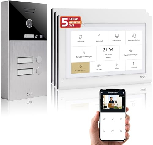 GVS - IP Video Türsprechanlage 2-Familienhaus mit Türöffner, HD Kamera, 3x10 Zoll Monitor & App - Smarte Video Türklingel mit Kamera & Gegensprechanlage (AVS5413A)
