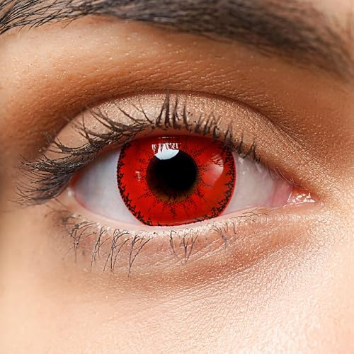 Kontaktlinsen crazy rot ohne Stärke Halloween Fasching Devil Red | Farbige Cosplay Jahreslinsen Vampir Anime Manga 2 Stück + Behälter, weiche Farblinsen