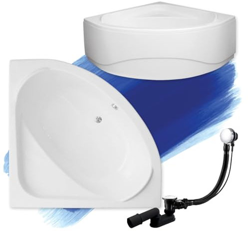 BADLAND Badewanne Original Weiß Acryl Wanne Eckbadewanne STANDARD 140x140 KOMPLETTSET SET mit Weiß Acrylschürze + Füßen und Exklusive Chrom Automatik Ablaufgarnitur Made in EU 4in1