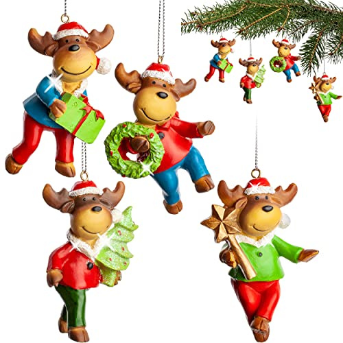 alles-meine.de GmbH 4 Stück Anhänger/Weihnachtsbaumschmuck/Deko Figur Elch mit Weihnachtsbaum 9 cm - Innen & Außen - bruchfest - Kunstharz - wetterfest + wasserfest - W..