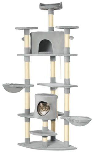 PawHut Arbre à Chat XXL Arbre à Grimper pour Chat Hauteur 200 cm Multi-équipements griffoirs 6 Plate-Formes 2 niches hamacs Jouet Suspendu Gris | Arbre à Grimper pour Chat, 6 Plate-Formes, 2 Niches, Hamacs, Jouet Suspendu