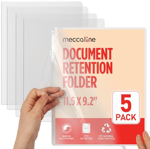 Meccaline Clear Plastic File Folders for Document, Presentation, Project, or Portfolio Filing, Large Thick Heavy-Duty PET Sleeves for U.S. Letter Size Papers, 5-Pack​