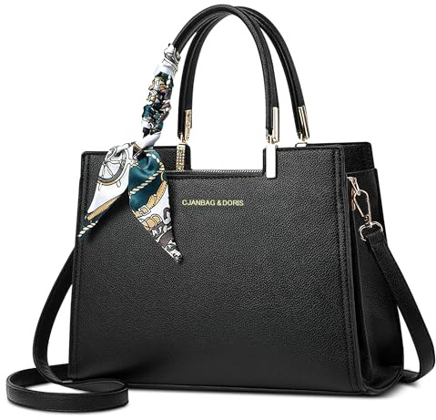 FOLOVEYA Damen Handtasche Elegant, Henkeltasche Mittelgroß PU Leder Taschen für Damen, Umhängetasche mit Dekorativem Band für Arbeit und Alltag Schwarz