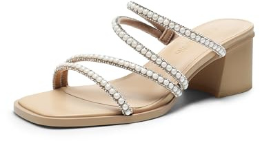 DREAM PAIRS Women's Strappy Heels Block Open Toe Low Heel Chunky Mules Sandals Dress Shoes,Size 9,Nude-Pearl,SDHS2370W