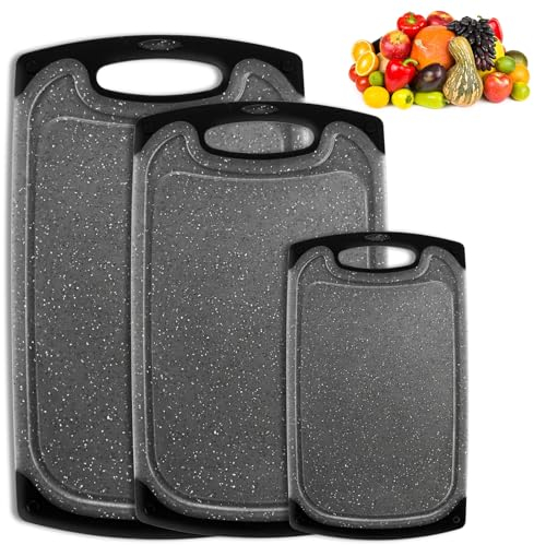 Funnydin 3 Stück Schneidebrett-Set, Schneidebrett Kunststoff für Fleisch, Gemüse, Obst, Spülmaschinenfest, Küchenschneidebretter für Küchen (Schwarz)