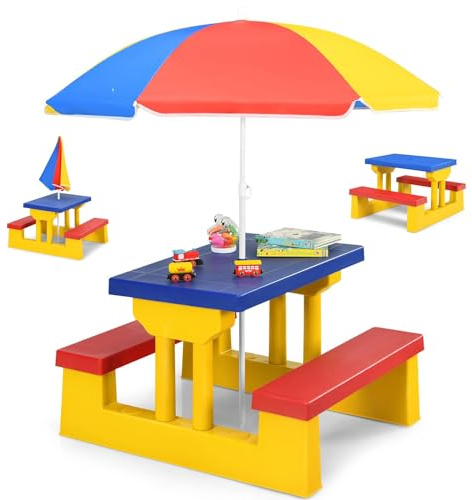RELAX4LIFE Ensemble Salon de Jardin pour Enfant Coloré | Mobilier de jardin avec 1 table, 2 bancs et 1 parasol centré pour pique-nique, cour, patio ou piscine