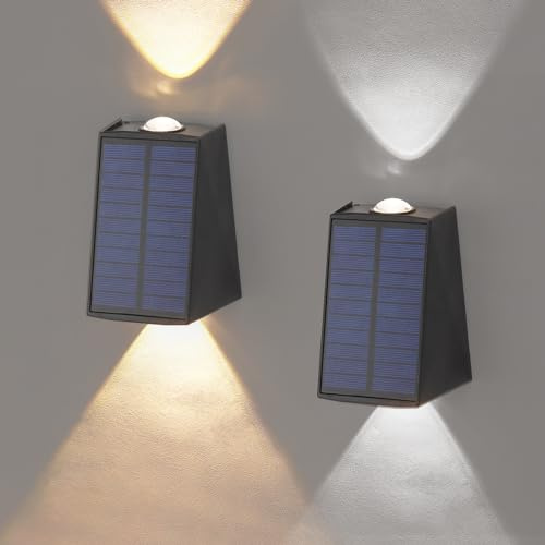 ALLOMN Luci solari per recinzione, 2 pezzi per esterni, lampada da parete LED a energia solare per giardino con luce calda + luce fredda, luci solari LED impermeabili per cortile, terrazza sul tetto
