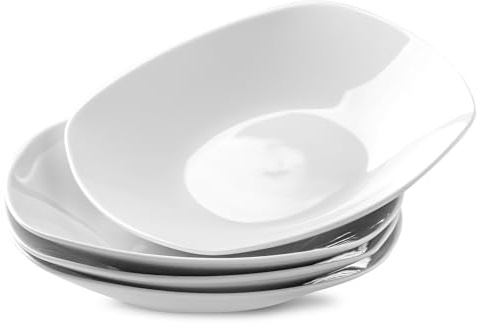 fMBB Set di 4 piatti fondi grandi in ceramica, 21 cm, moderni piatti profondi per insalata, piatti quadrati in porcellana, per frutta, cereali, dessert, snack, bianco