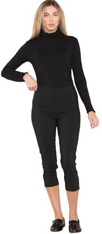 WearAll Cropped Trousers for Women UK Ladies Capri Trouser Summer Pants Short Crop Stretch 3/4 Length Three Quarter Pedal Pusher Clothes Elasticated Bengaline Cut Off Black 12