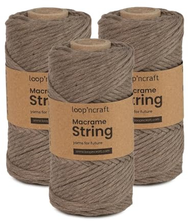 Makramee Garn 3er-Set Dunkel Beige, Loopncraft, 3mm - 240m, Einstrangig Natur Baumwollkordel, Recycling Garn