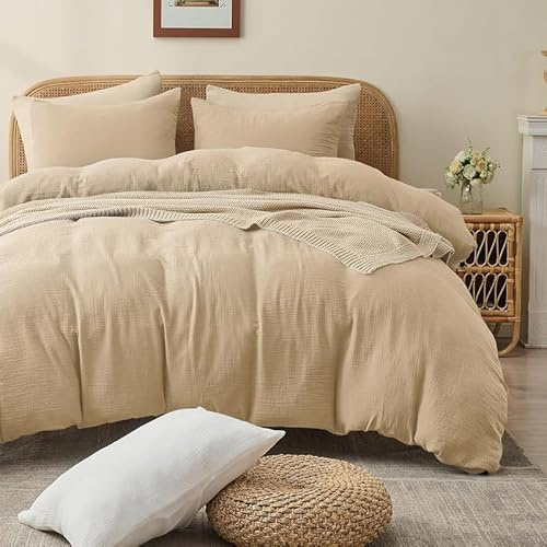 Gezu Muslin Bettwäsche 220x240 Beige Khaki 100% Baumwolle Muslin Bettwäsche-Sets Leinen Set Bettbezug mit 2Kissenbezüge 80x80cm Atmungsaktiv Bequem Bettwäsche Doppelbett mit Reißverschluss