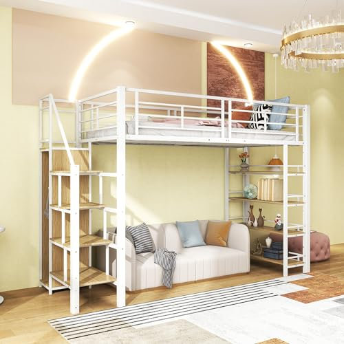 Dolamaní Hochbett 90x200 cm mit Regal & Treppe Sicherheit & klein Schrank, Jugendbett Bett mit Rausfallschutz, Bettgestell & Lattenrost aus Metall, Weiß