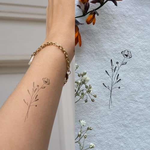 Dezente Mohnblume - Inkster Tattoo | vegane & wasserfeste Temporäre Tattoos für Erwachsene - EU-Kosmetikzertifizierte Farbe - revolutionäres 2 Wochen Tattoo | Premium Klebetattoos