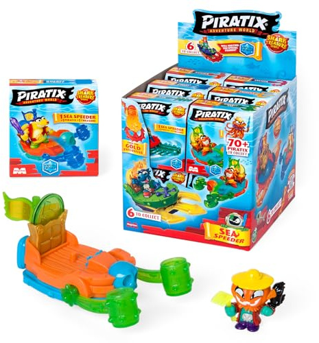 PIRATIX Adventure World Serie Shark Treasure, Display con 12 Sea Speeder, Barco monoplaza de Piratix, Contiene Barco Sea Speeder, Piratix Sorpresa, Accesorio Cristal, Tesoro Efecto Cristal