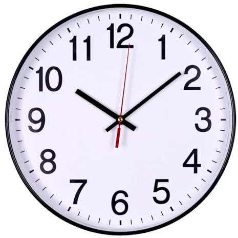 OFFICER PRODUCTS Reloj de Pared de plástico, 34 cm, Negro, números árabes, Reloj de Pared/Cuarzo, silencioso, para Escuela, Oficina, salón, Cocina, analógico, Moderno, Redondo Decorativo