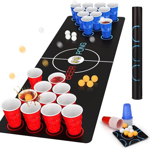 Bierpong Becher Set, Trinkspiel Tisch Matte Set, Beerpong Partybecher Enthält 32 Becher (500ML) +8 Tischtennisbälle+Tischmatte, Wiederverwendbare, Für Party Trinkspiele Camping Geburtstag Hochzeit