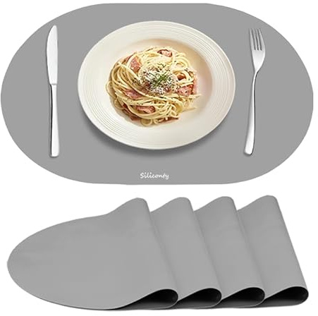 Tovagliette Silicone Impermeabili e Antiscivolo Siliconty, Set di 4 Ovali Termoisolanti, Tovagliette Colazione, Termoisolanti e Facili da Pulire, 43x30 cm (light gray 4 pcs)