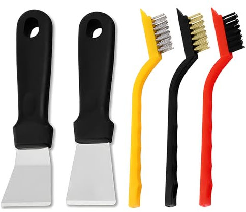 JXPXJMY 5 Pezzi Set di Strumenti per la Pulizia, Inclusi 2 Raschietti e 3 Spazzole, Raschietto Multifunzionale in Acciaio Inox con Pietra Affilata per Pentole Forno e Scarico a Pavimento (Nero)