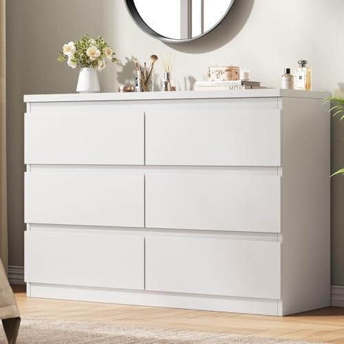 Jocoevol White 6 Drawer Dresser for Bedroom, 15.3 D x 47.2 W x 32.3 H in Simply Modern Chest of Drawers, Wood Storage Double Dresser with Deep Drawers for Living Room, Hallway Entryway, White