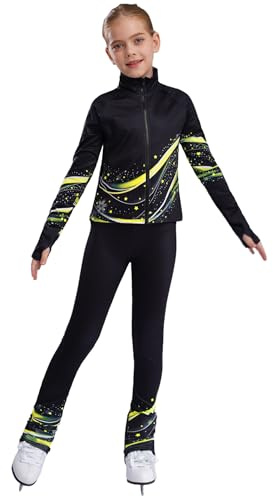 HULIJA Kinder Mädchen Sport Kleidung Set Eiskunstlauf Jacke Leggings Trainingsanzug Sportjacke Slim Lang Hose Jogginganzug Fluoreszierendes Gelb 110-116