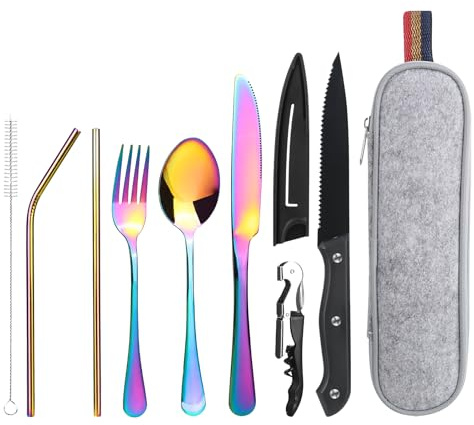Reisebesteck Camping Besteck To Go, 9-Teilig Edelstahl Besteck mit Bestecktasche, Tragbare Campingbesteck, Camping Cutlery Set, (Bunt)