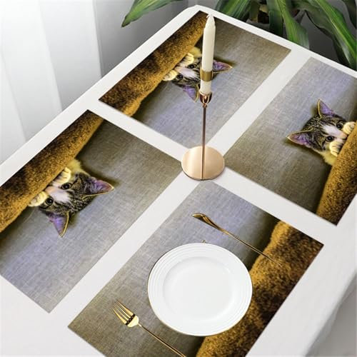 UREJD 4 Unità - 45x30 cm - Tovaglietta Lavabile,Resistente al Calore,Antiscivolo,Antimacchia per Tavolo della Cucina e Sala - gattino carino che si nasconde