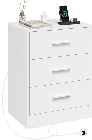 WOLTU Bedside Table with Charging Station, Bedside Cabinet with 3 Drawers, White, Nightstand Side Table for Living Room Bedroom Study, 39x28.5x54.5cm