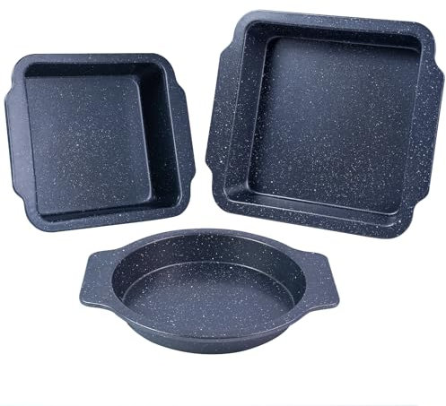 EazyBreezy Set di 3 teglie da forno con manici antiaderenti, in acciaio al carbonio, adatte al forno fino a 220 °C, 3 misure, rotonde e rettangolari