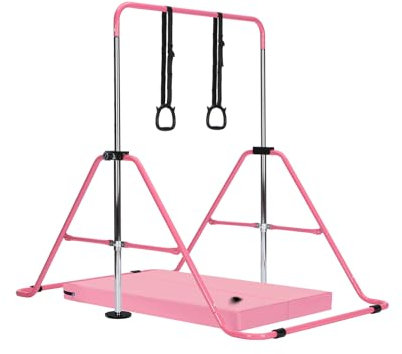 M.J COMFY-LIFE Kids Gymnastics Bar with Mat – Adjustable Easy Assembly Training Kip Bar Horizontal Bar for Home, Gymnastics Equipment for Kid 5-12 years (Pink)