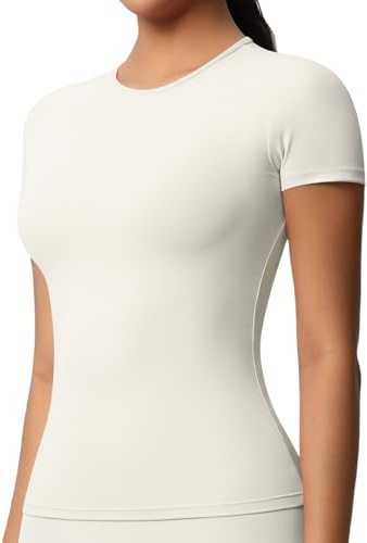 JTSONN T-shirt dam sport kortärmad sport t-shirt andningsbar funktionell tröja rund hals löpning kompression skjorta yoga gym topp, Beige, L
