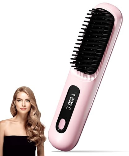 HIULLEN Brosse Lissante Sans Fil, Portable Fers à Lisser, Mini Lisseur Sans Fil Rechargeable 160℃-200℃ Chauffe Rapide Rechargeable pour Voyage Brosse Chauffante Peigne Chauffant Brosse Lissante