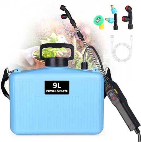 Spruzzatore Elettrico a Batteria 9L, Nebulizzatore Giardino con 3 Ugelli, Bacchetta Retrattile, Spruzzatore a Pressione Ricaricabile USB con Tracolla, Spruzzatore Elettrica per Prato, Giardino